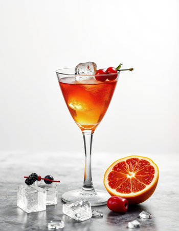 Refreshing cocktail served in an elegant glass with ice and blood orange slices at a stylish barの素材