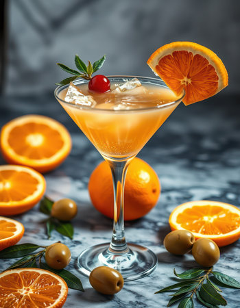 Refreshing orange cocktail garnished with cherry and citrus slices on a marble surface with fresh orangesの素材
