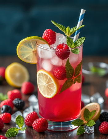 Refreshing raspberry lemonade cocktail with fresh mint and lemon on wooden tableの素材