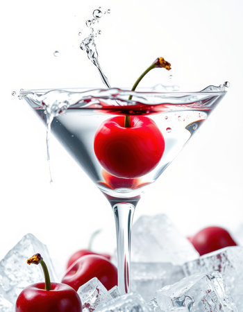 Refreshing cherry cocktail with ice and splashes showcased in a chilled glass settingの素材
