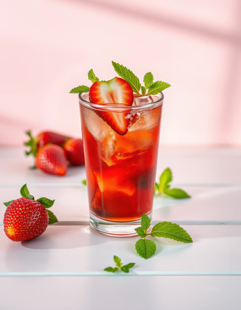 Refreshing strawberry mint drink garnished with fresh strawberries and mint leaves in a bright settingの素材