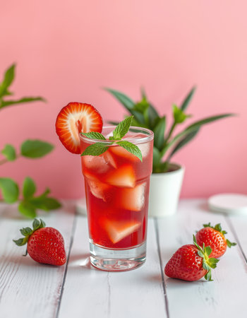 Refreshing strawberry drink garnished with mint and fresh fruit on a wooden table against a pink backgroundの素材