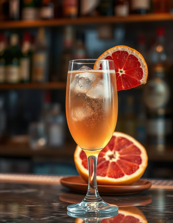 Refreshing cocktail with citrus garnish served in glass at vibrant bar setting during evening hoursの素材
