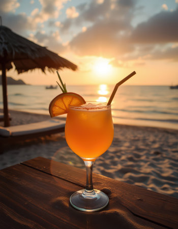 Relaxing at sunset on a beach with a refreshing cocktail in hand and a tropical atmosphereの素材