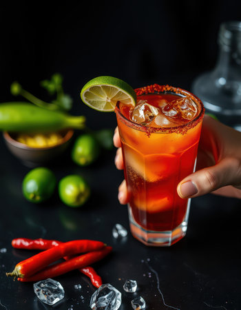 Refreshing spicy cocktail with lime and chili served over ice in a dark settingの素材