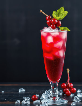 Refreshing red beverage garnished with mint and berries in a tall glass for a summer thirst quencherの素材