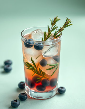 Refreshing summer beverage with blueberries and rosemary served in a glassの素材