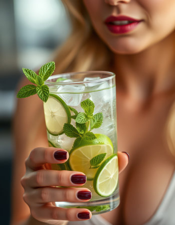 Woman enjoying a refreshing drink with lime and mint at a modern bar during the afternoonの素材