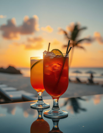 Enjoying colorful cocktails at sunset by the beach with palm trees in the backgroundの素材