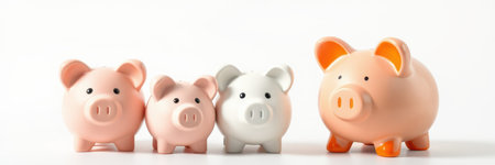 Four charming piggy banks in varying sizes arranged on a clean white surface for decorative purposesの素材