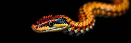 Vibrant snake with striking patterns showcases details in natural light against a dark backgroundの素材