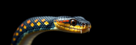Colorful snake displayed in vibrant detail against a dark background during a close-up encounterの素材