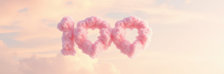 Pink clouds form the number 100 with heart shapes in the sky at sunsetの素材