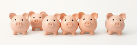 Group of six cute ceramic piggy banks lined up in a row on a plain backgroundの素材