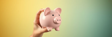 Holding a pink piggy bank against a colorful background with playful vibes and warm lightingの素材