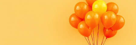 Colorful orange and yellow balloons float against a bright yellow background for a festive celebrationの素材