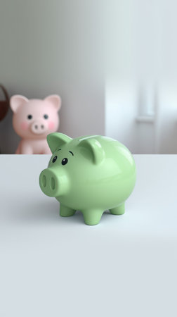 Cute green piggy bank stands on a white surface with a pink piggy bank in the background, capturing a playful atmosphereの素材