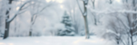 Winter landscape featuring snow-covered trees and soft flurries creating a serene atmosphere in a quiet forestの素材