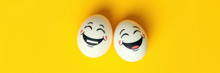 Happy decorated eggs on a vibrant yellow background showcase cheerful expressions for a festive celebrationの素材