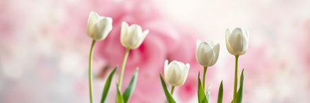 Beautiful white tulips in a soft-focus floral backdrop during springtime bloomの素材