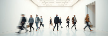 Busy people walking in a modern art gallery with bright white walls and a clean aestheticの素材
