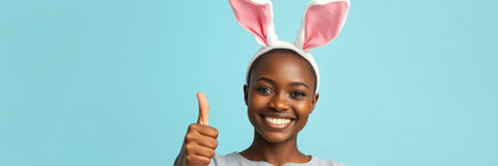 Smiling woman with bunny ears giving thumbs up against a light blue background during a festive celebrationの素材