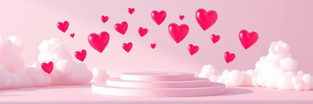 Numerous pink hearts of varying sizes gently drift above a stylish, three-layered pink pedestalの素材