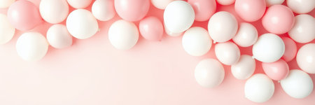 Colorful arrangement of pink and white balls on a soft pink background for festive decorの素材