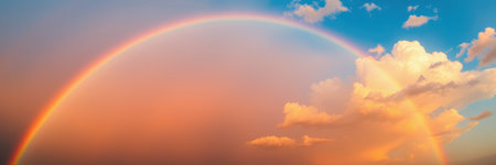 A large, incomplete rainbow stretches across the horizon, its colors subtly blending into the soft orange and pink tones of the evening skyの素材