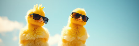 Cute yellow ducklings wearing sunglasses stand in the sunlight against a clear blue skyの素材