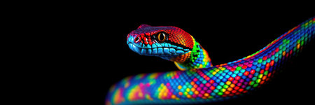 Colorful snake displaying vibrant scales against dark background in an artistic compositionの素材