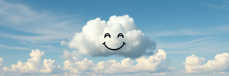 A single, large cumulus cloud features a hand-drawn smiley faceの素材