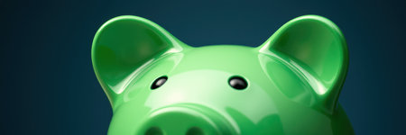 Bright green piggy bank with shiny surface positioned against a dark backdropの素材