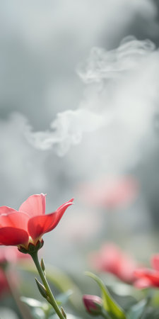 Beautiful red flower in soft mist with delicate smoke swirling gently during the early morning lightの素材