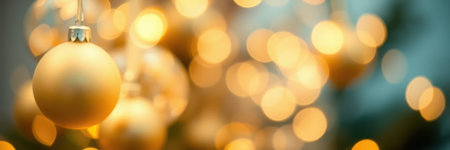 Beautiful golden ornaments hanging on a Christmas tree blurred by festive lights during the holiday seasonの素材