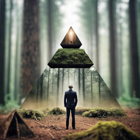 A man stands in a forest, looking up at a floating triangle with a scene of a forest and a figure walking toward the lightの素材