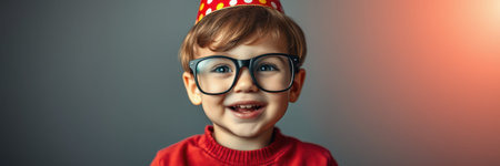 Young child celebrates birthday with party hat and oversized glasses in a joyful indoor settingの素材