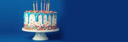 Colorful birthday cake with blue icing and candles on a white pedestal against a blue backgroundの素材