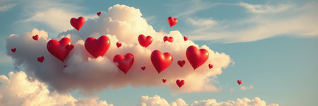Red heart shapes appear to be gently floating in the sky, some nestled in a large, soft white cloudの素材
