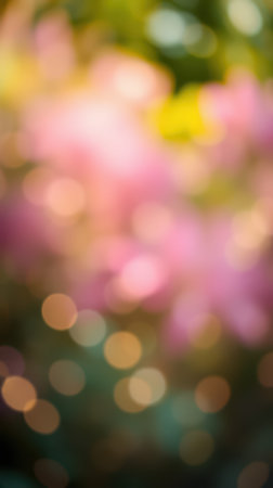 Colorful bokeh of blooming flowers in a garden during springtime, showcasing a soft and dreamy backgroundの素材