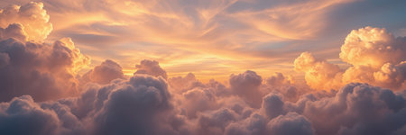 Vast fields of clouds stretch to the horizon, bathed in the warm glow of a setting sunの素材