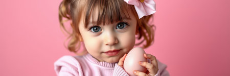 Little girl holding a pastel egg with a pink background and a large hair bowの素材