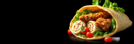 Freshly made wrap with crispy chicken, lettuce, tomatoes, and creamy sauce on a dark backgroundの素材