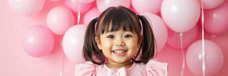 Joyful child with pigtails celebrating in front of pink balloons at a cheerful partyの素材