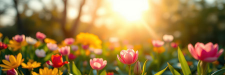 Vibrant flowers bloom under the warm sun in a vibrant garden during springtimeの素材