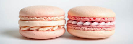 Delicious pastel macarons displayed neatly on a white background, showcasing their delicate colors and texturesの素材