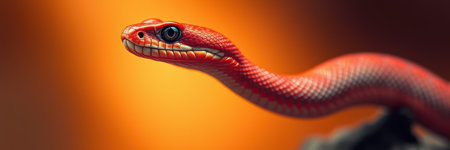 Bright red snake coiled on a rock with an orange background showcasing intricate scalesの素材