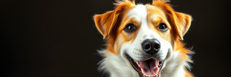 Close-up portrait of a cheerful, medium-sized dog with a predominantly orange and white coatの素材