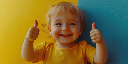 A cheerful young child with blonde hair expresses happiness by giving two thumbs up. The background features bright yellow and blue colors, enhancing the joyful moment.の素材