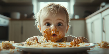 A curious baby explores food on a plate, covered in sauce and crumbs, while seated at a kitchen table in a cozy, sunlit kitchen. The cheerful atmosphere highlights the joy of mealtime.の素材